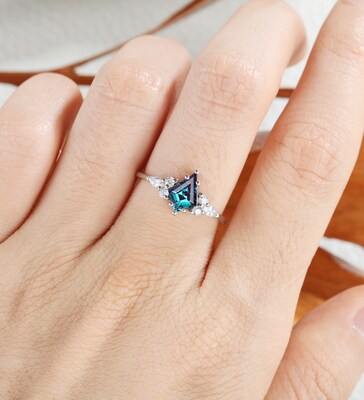 Kite cut Alexandrite engagement ring, vintage white gold ring, Marquise cut moissanite cubic zirconia wedding ring, promise bridal ring - image5